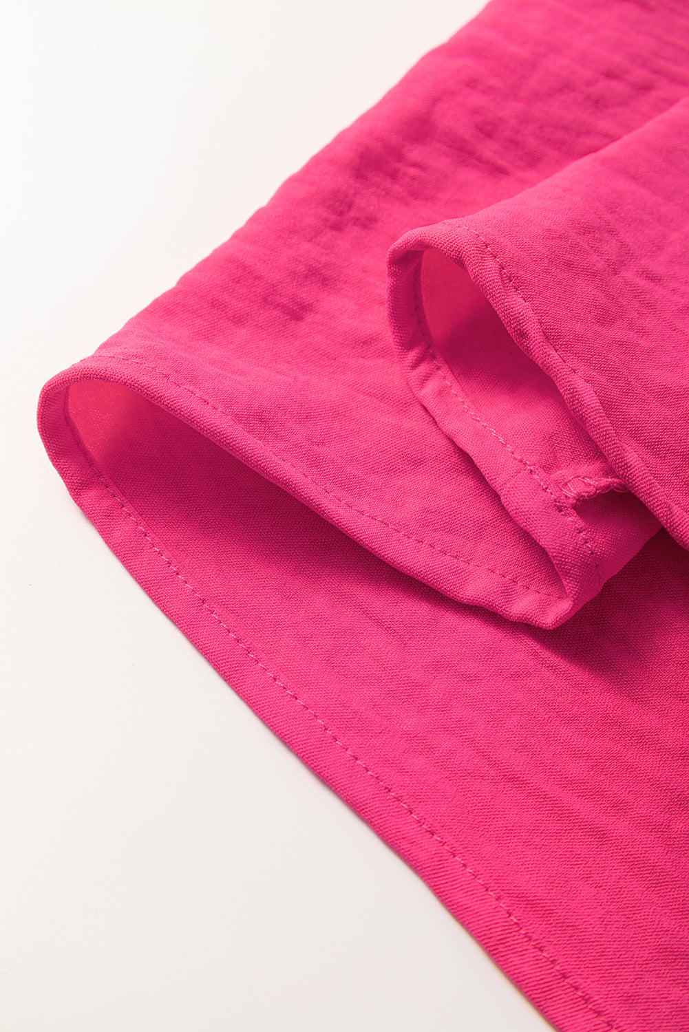 Rose Red Solid Colour Shirred Cuff Notch V Neck Blouse eAura