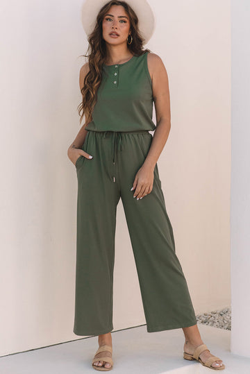 Vineyard Green Buttoned Drawstring Waist Sleeveless Wide Leg Jumpsuit eAura