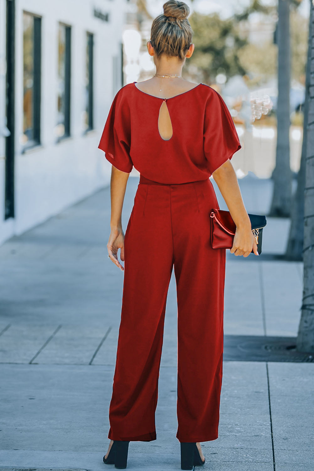 Fiery Red Belted Wide Leg Jumpsuit eAura