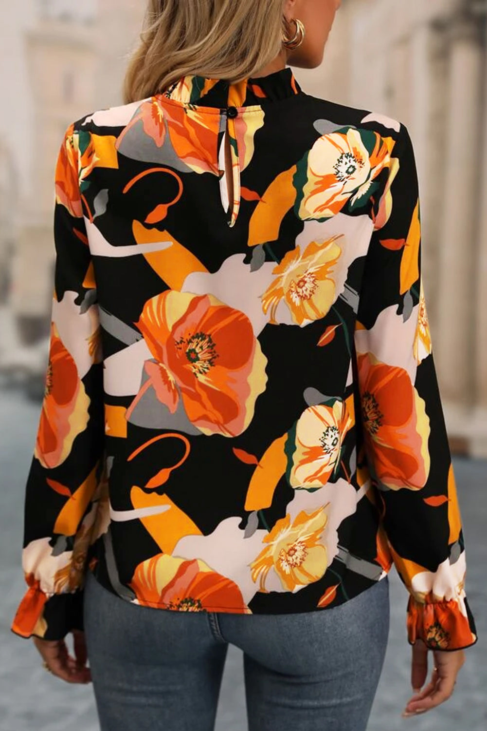 Black Floral Print Mock Neck Blouse eAura