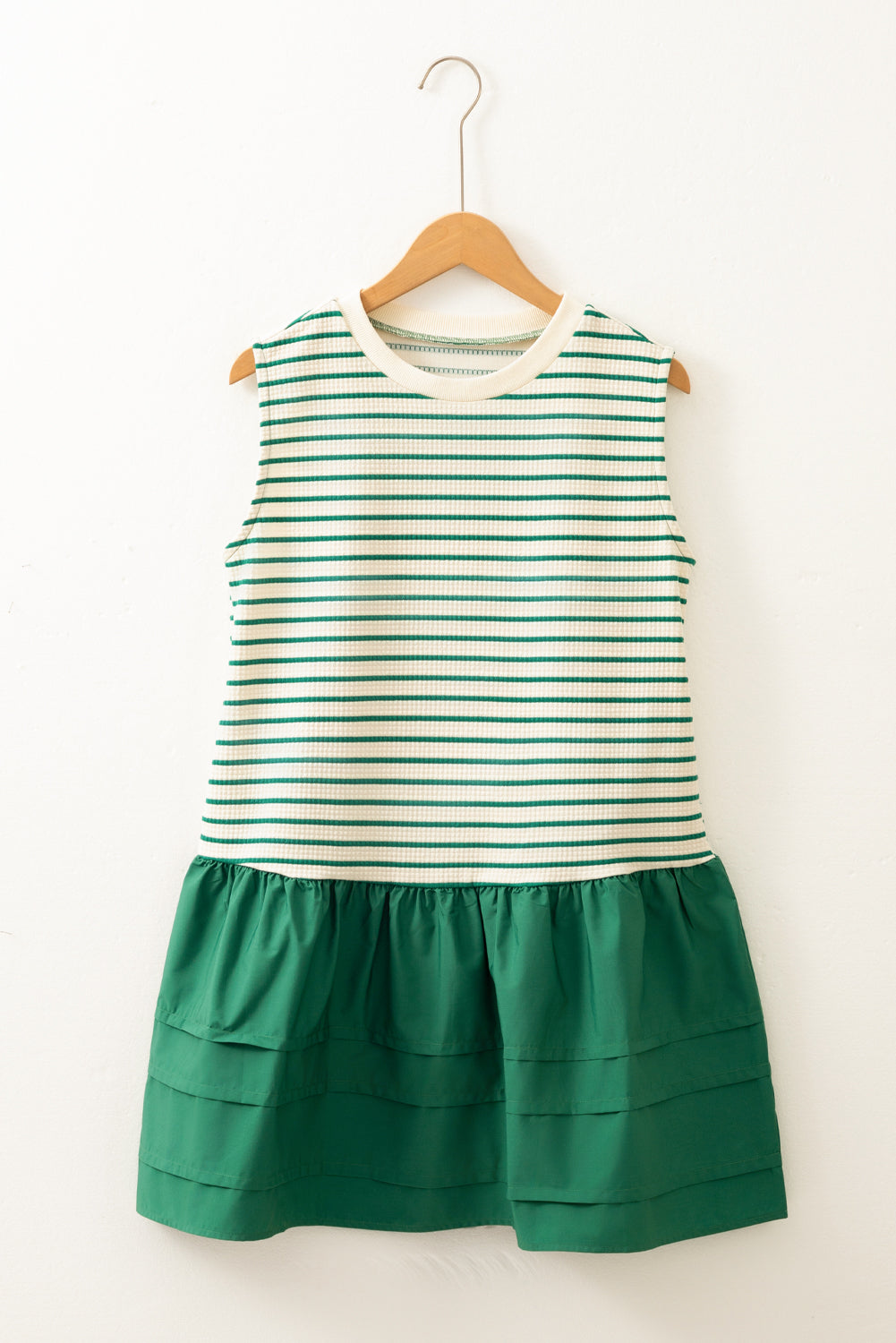 Green Stripe Woven Ruffled Sleeveless Mini Dress eAura