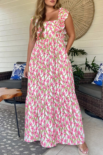 Pink Plus Size Ruffle Trim Square Neck High Waist Floral Maxi Dress BB Fashion Outlet