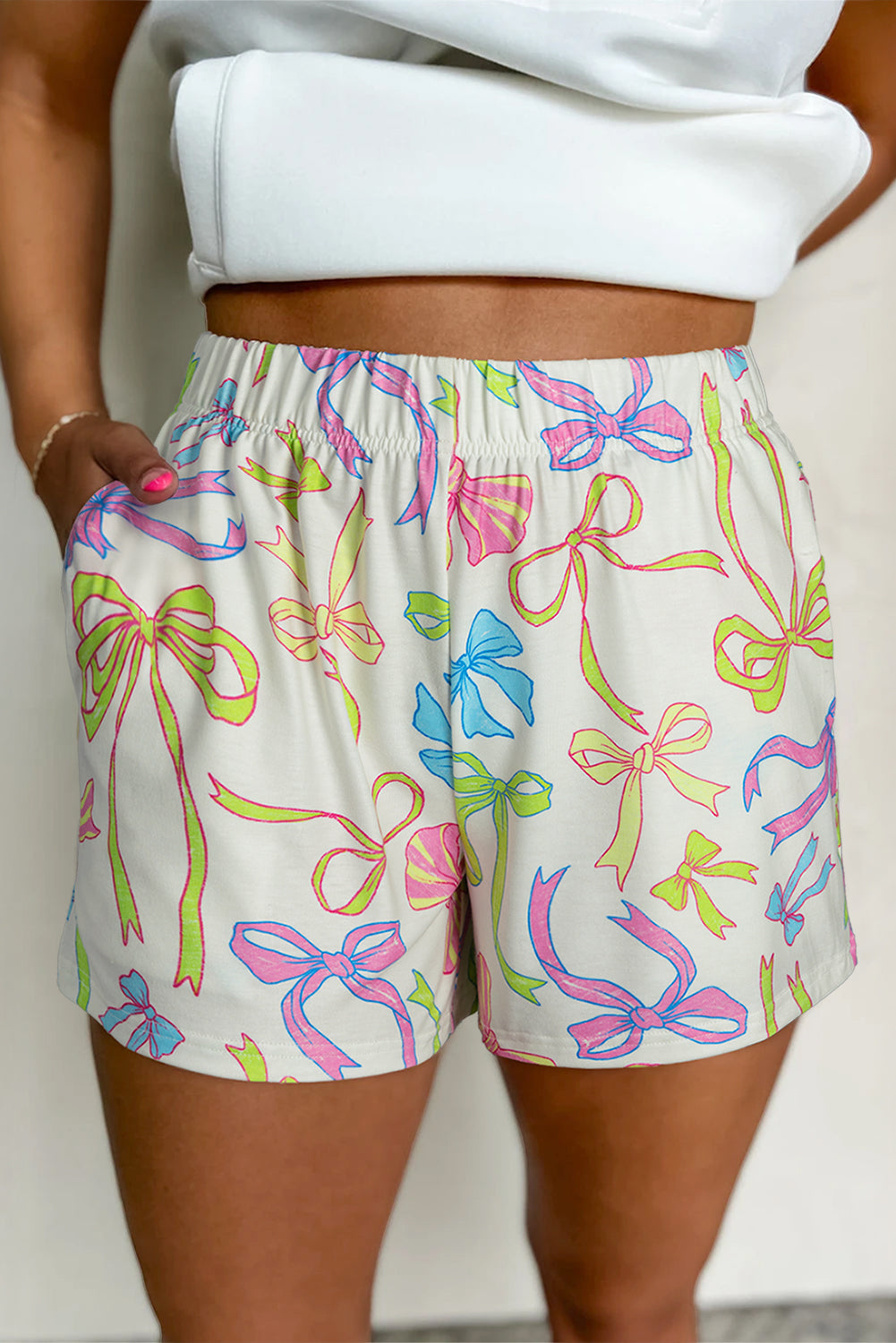 White Bow Print Elastic Pull On Casual Shorts eAura