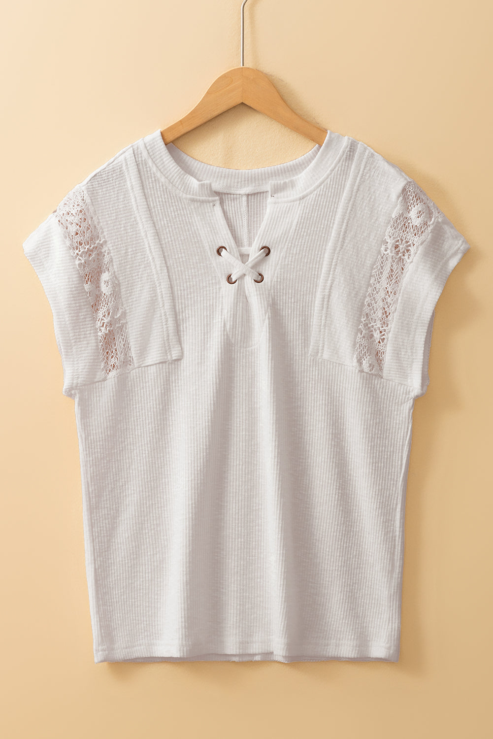 White Ribbed Texture Lace Patchwork Short Sleeve Top eAura