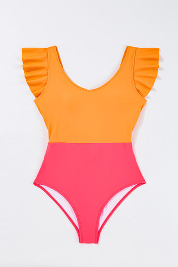 Vitality Orange Colour Block Ruffled Knotted Backless One Piece Swimsuit eAura