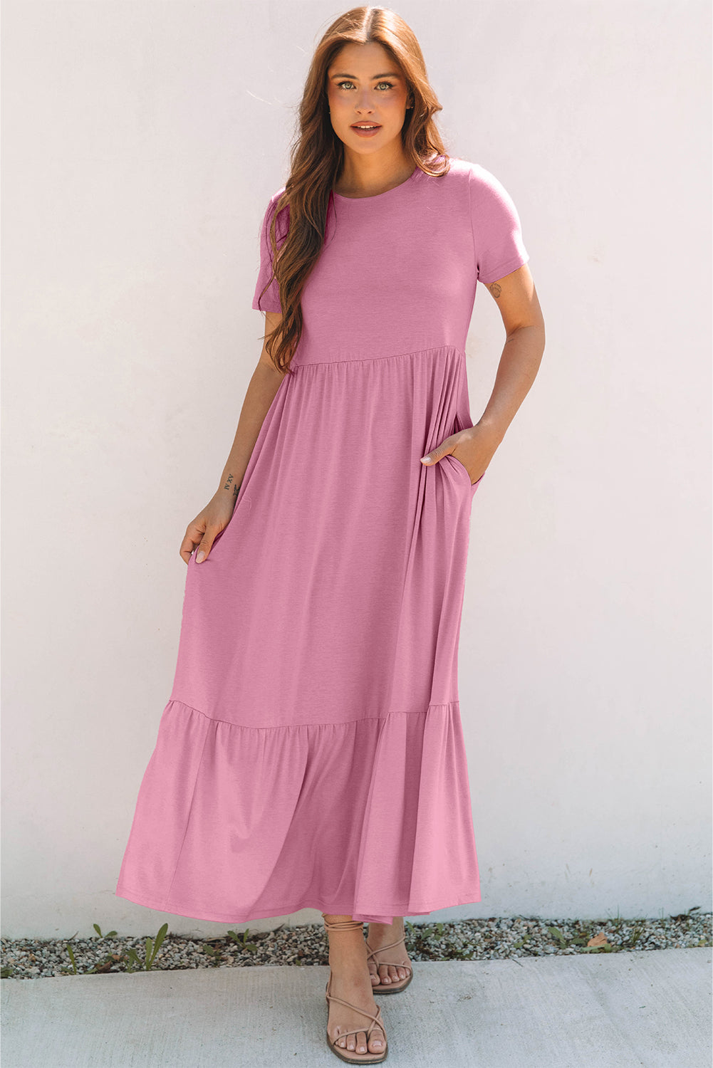 Pink Solid Colour T-shirt High Waist Pocketed Long Dress eAura