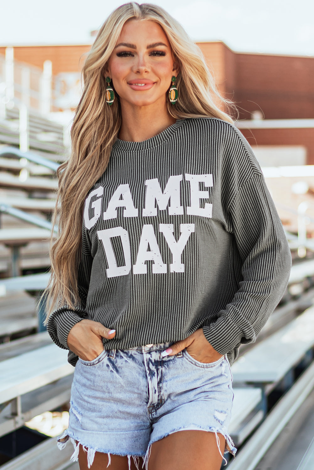 Bluing Ribbed GAME DAY Graphic Long Sleeve Crewneck Top eAura