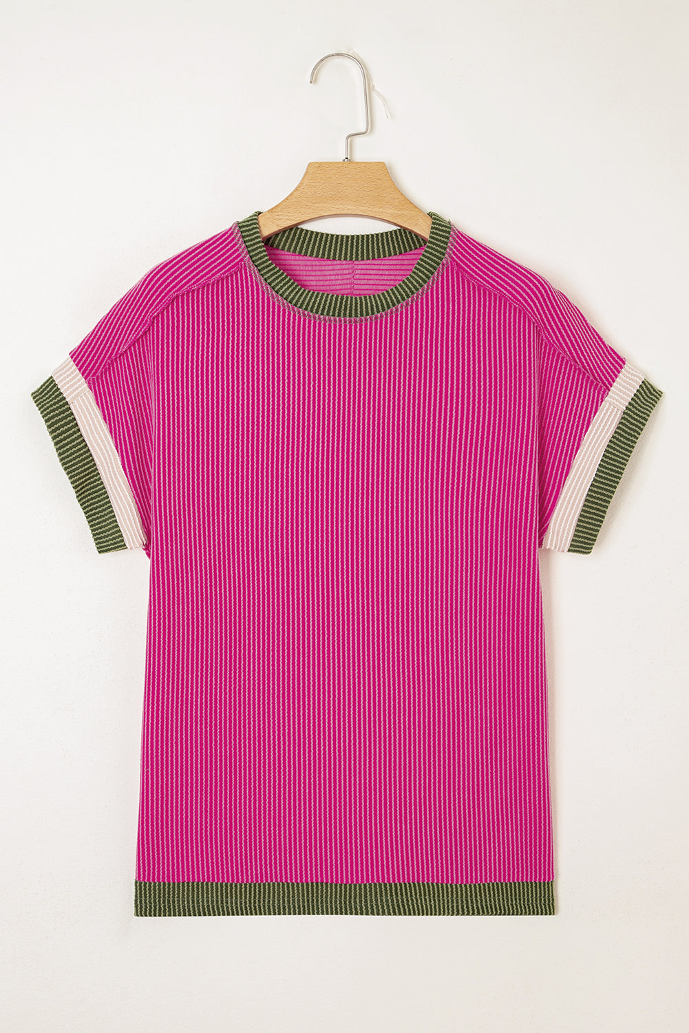 Textured Contrast Trim Round Neck T-Shirt eAura
