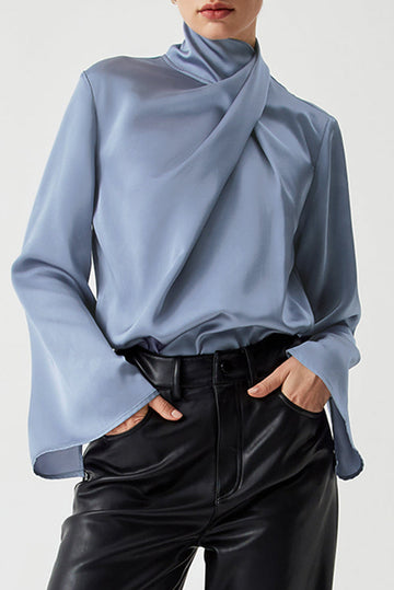 Ivy Asymmetric Pleated Turtleneck Bell Sleeve Blouse eAura