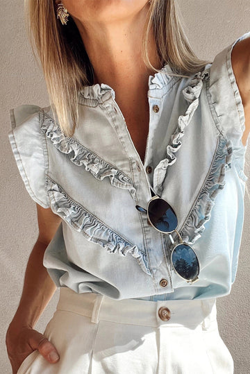 Beau Blue Mineral Wash Cap Sleeve Frilled Button Up Denim Shirt eAura