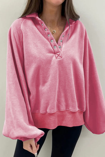 Pink Solid Snap Buttons Collared Balloon Sleeve Oversized Sweatshirt eAura
