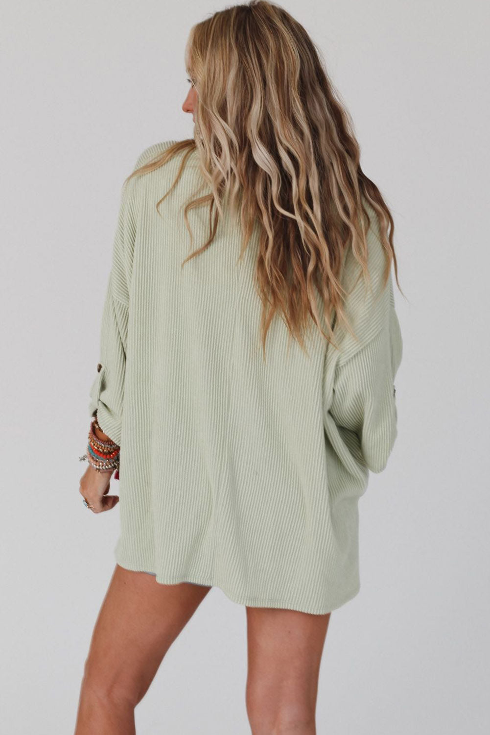 Green Ribbed Roll-tab Sleeve Chest Pocket Oversize Top eAura