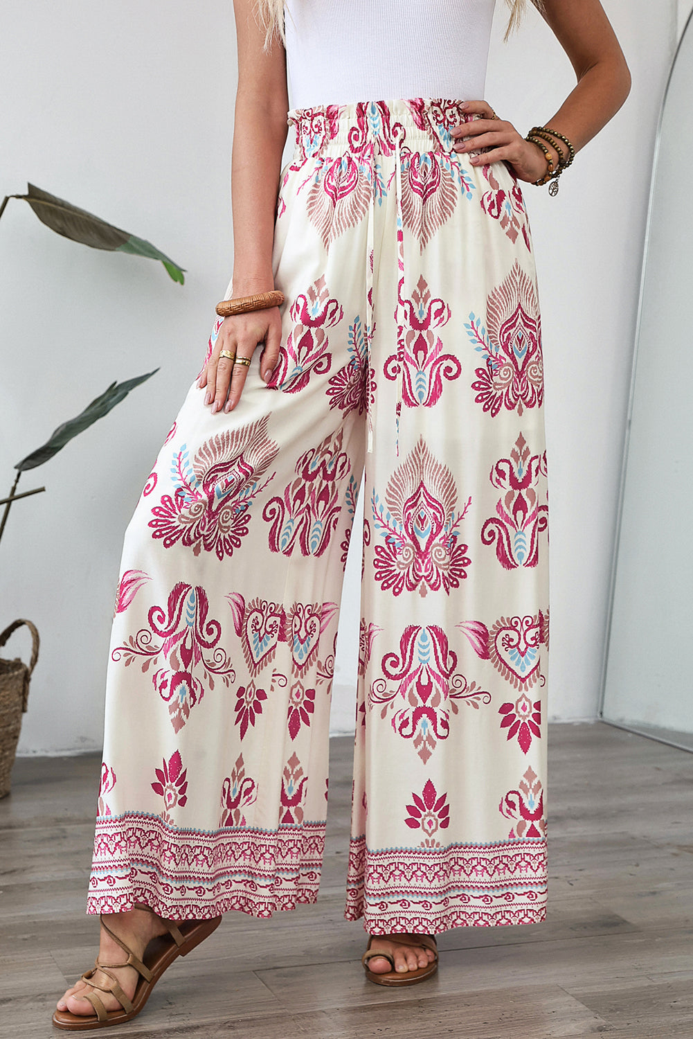 Rose Boho Print Shirred High Waist Wide Leg Trousers eAura