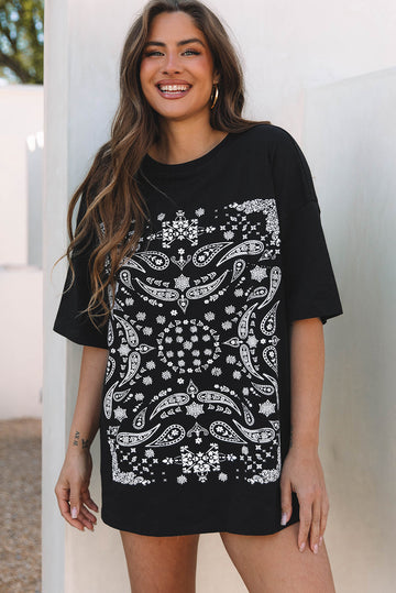 Black Paisley Print Crew Neck Loose Fit Tunic Tee eAura