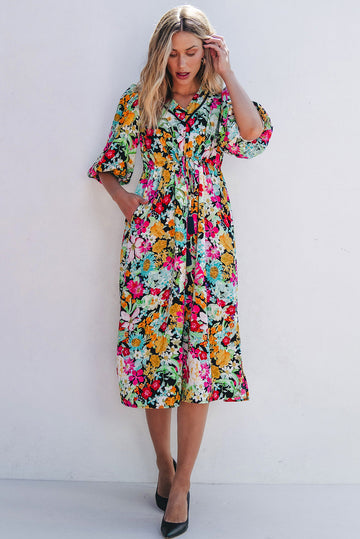 Green Floral Puff Sleeve V Neck Tassel Drawstring Dress eAura