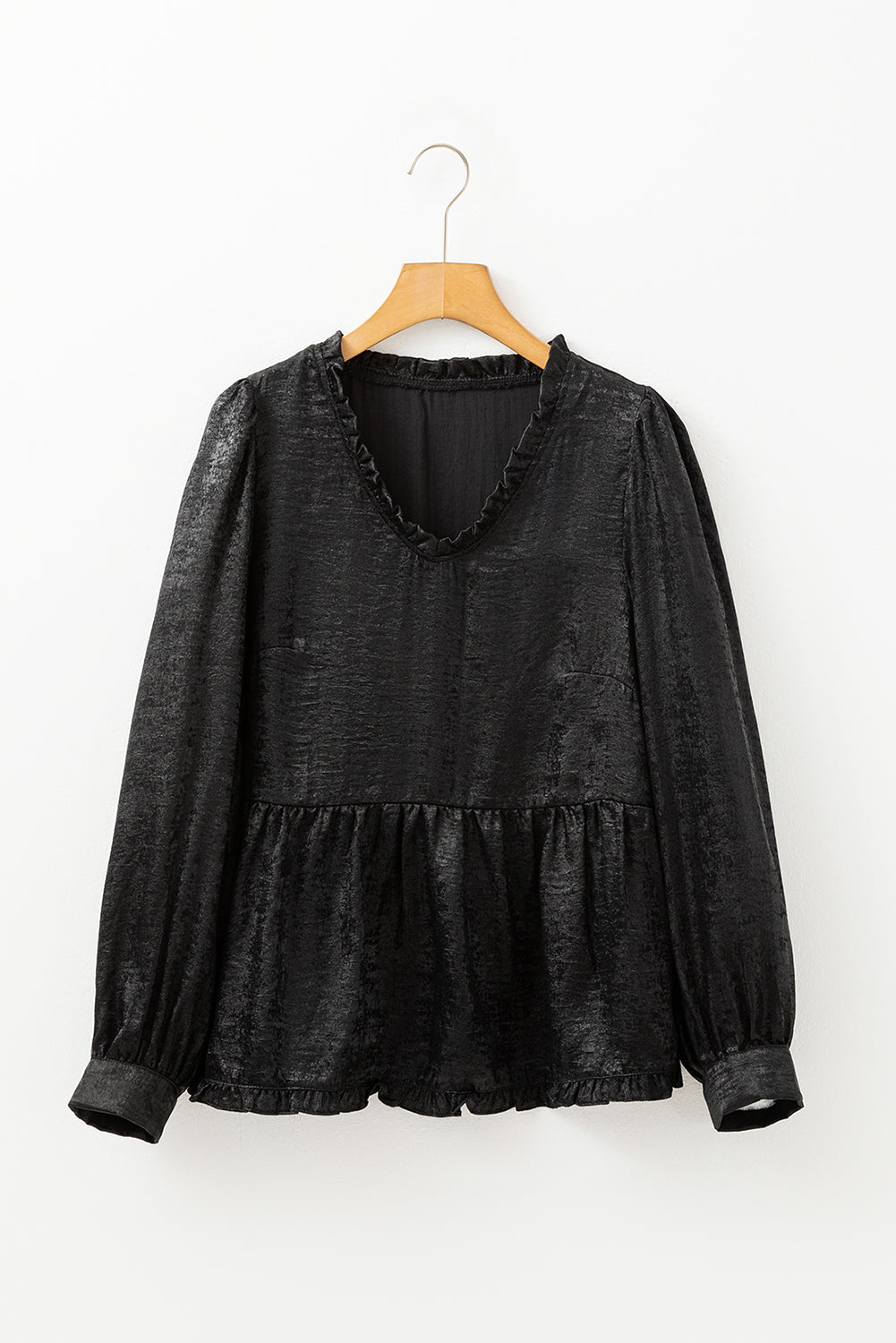Black Metallic Frilled V Neck Puff Sleeve Babydoll Blouse eAura
