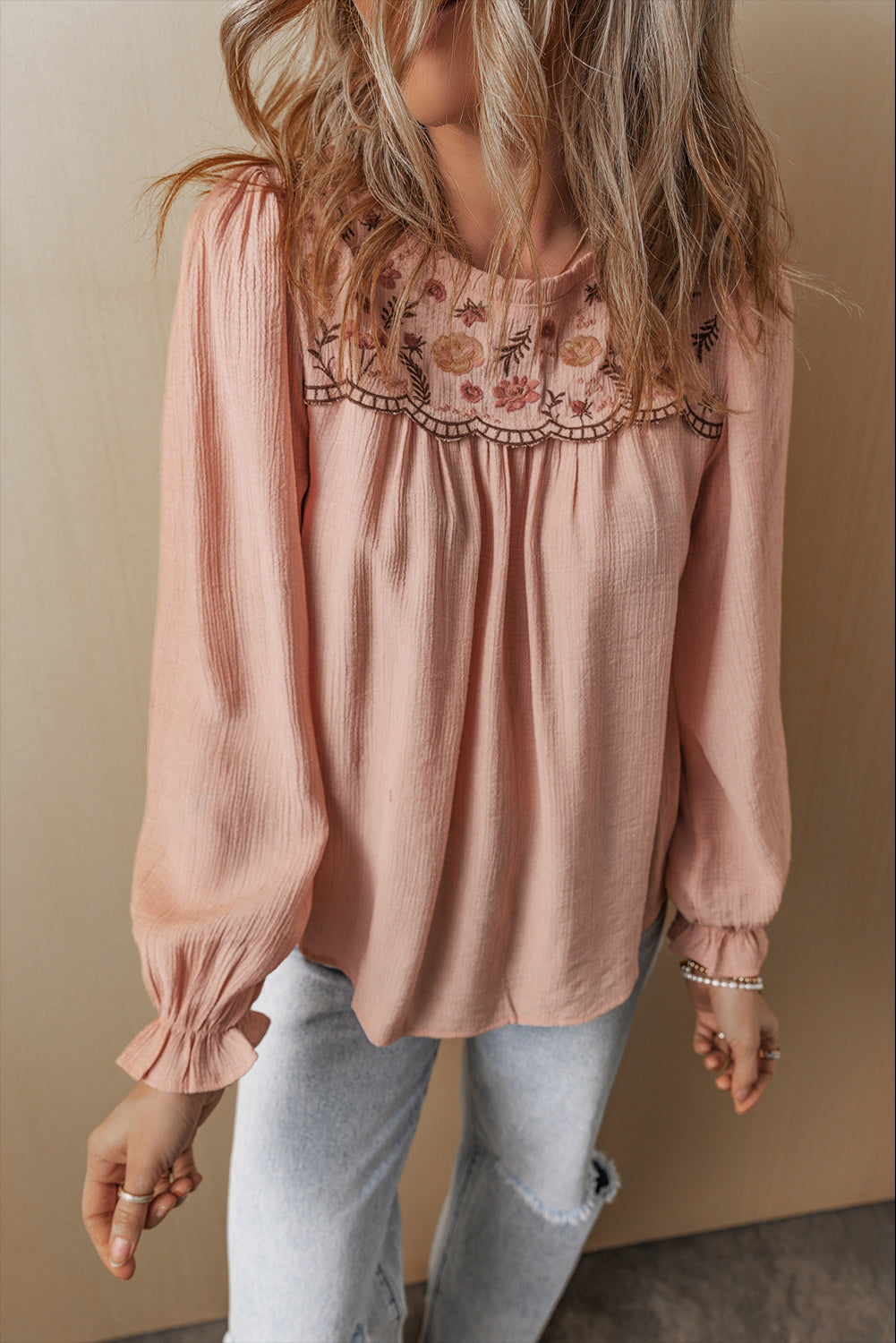 Gossamer Pink Floral Embroidered Textured Flounce Sleeve Elegant Blouse eAura