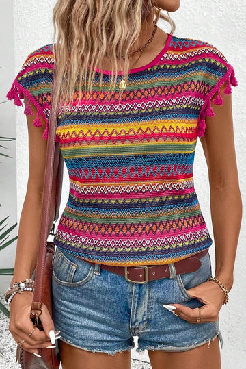 Rose Red Jacquard Textured Tasseled Cap Sleeve Top eAura