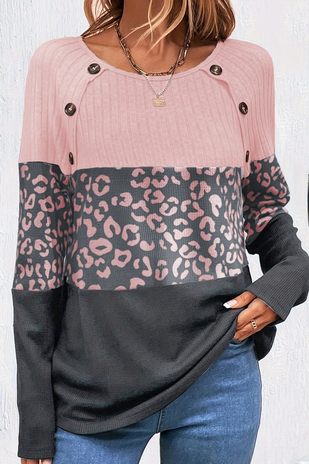 Grey Cheetah Textured Patchwork Buttoned Round Neck T Shirt eAura