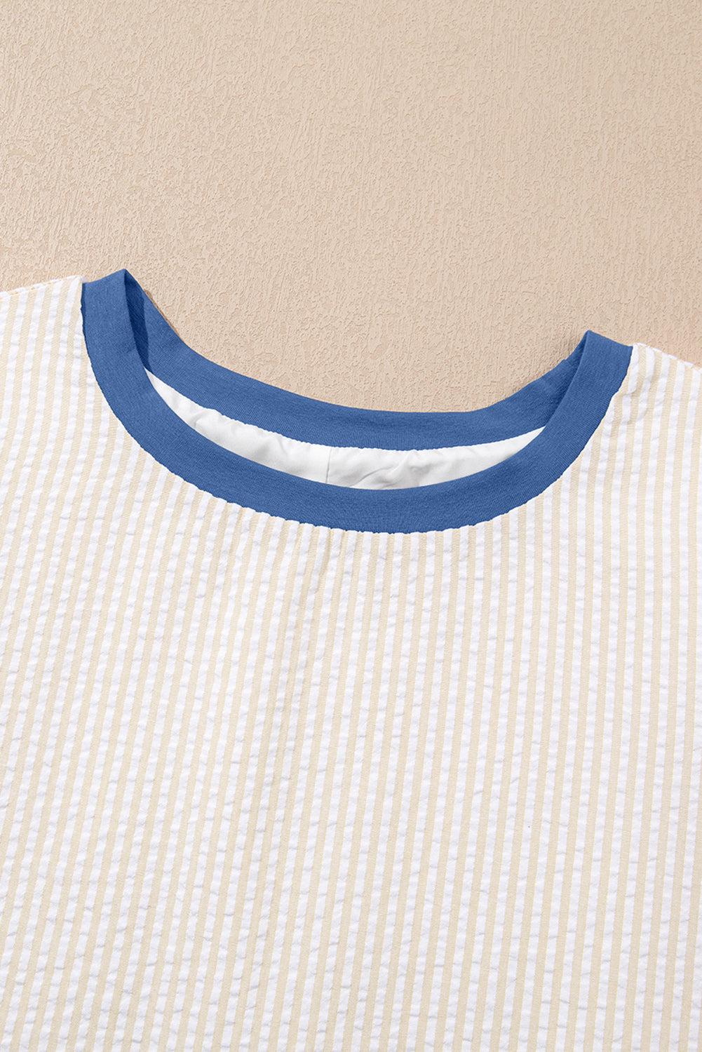 Beige Stripe Seersucker Contrast Round Neck Puff Sleeve T-Shirt Dress eAura