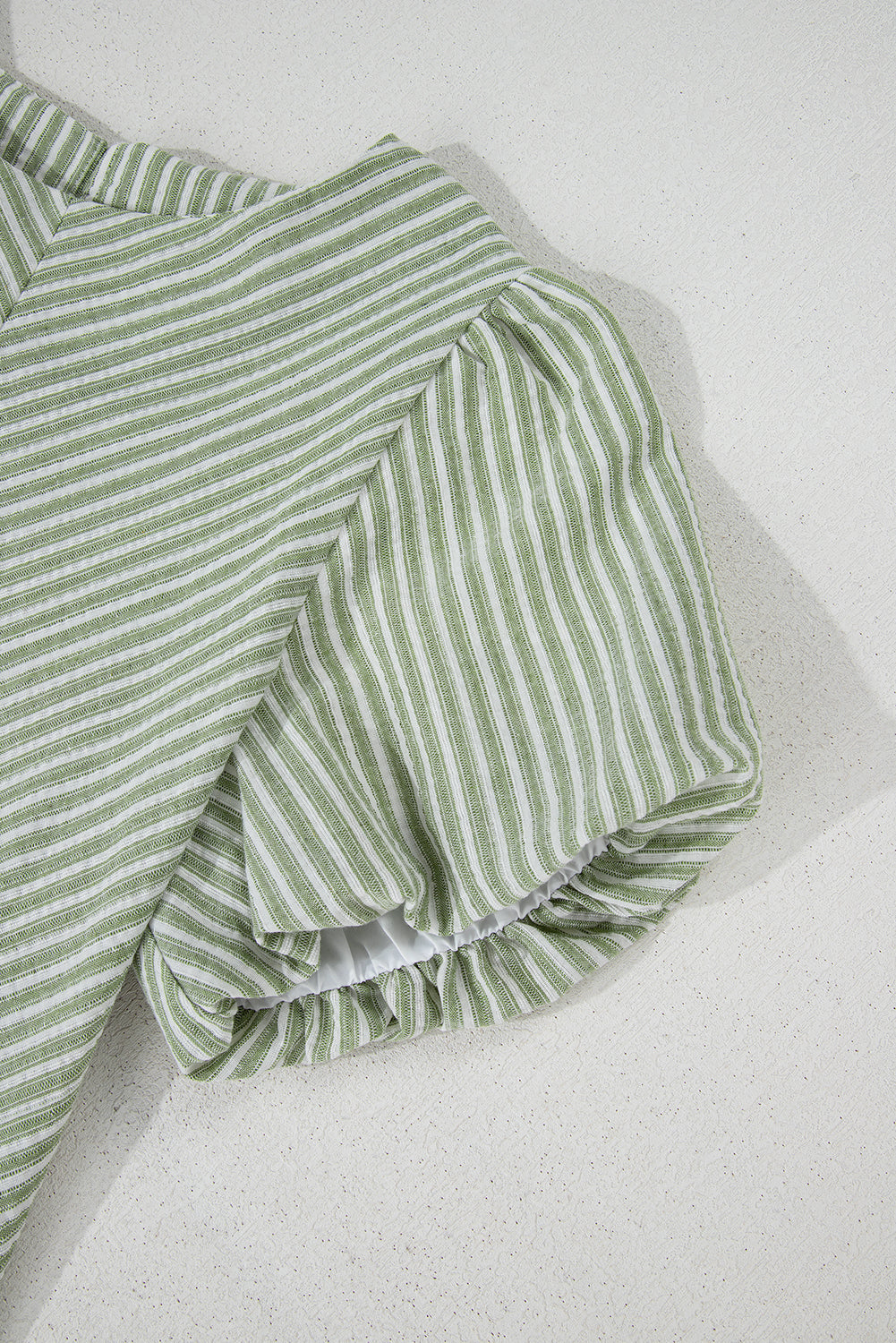 Green Stripe Textured Round Neck Short Puff Sleeve Blouse eAura