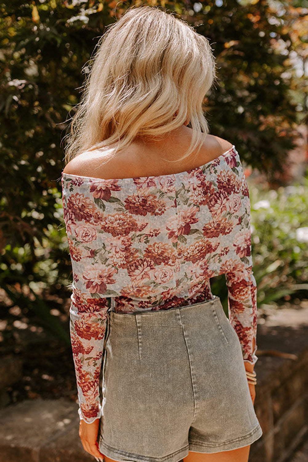 Pink Floral Printed Long Sleeve Sheath Bodysuit eAura