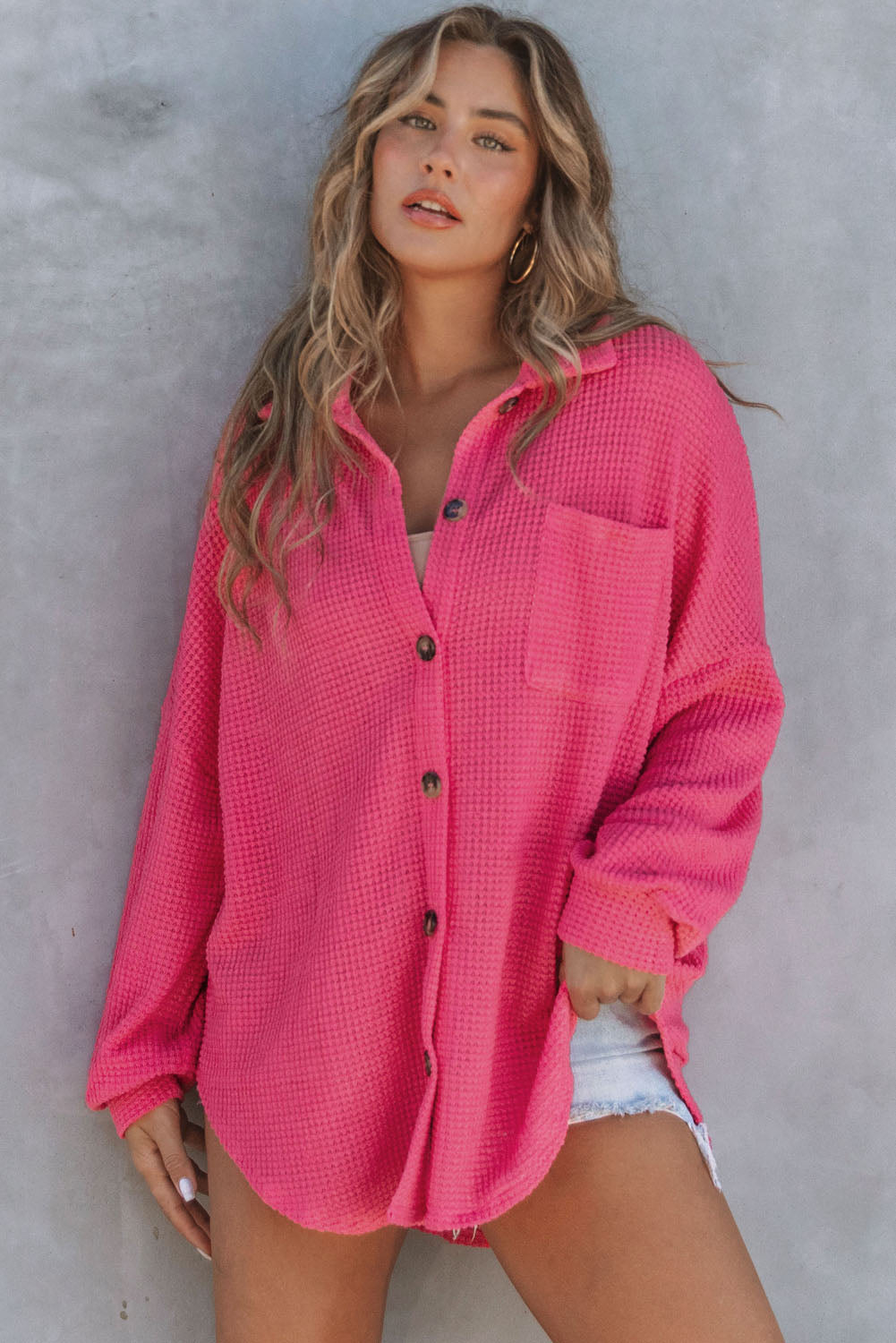 Pink Waffle Knit Button Up Casual Shirt eAura