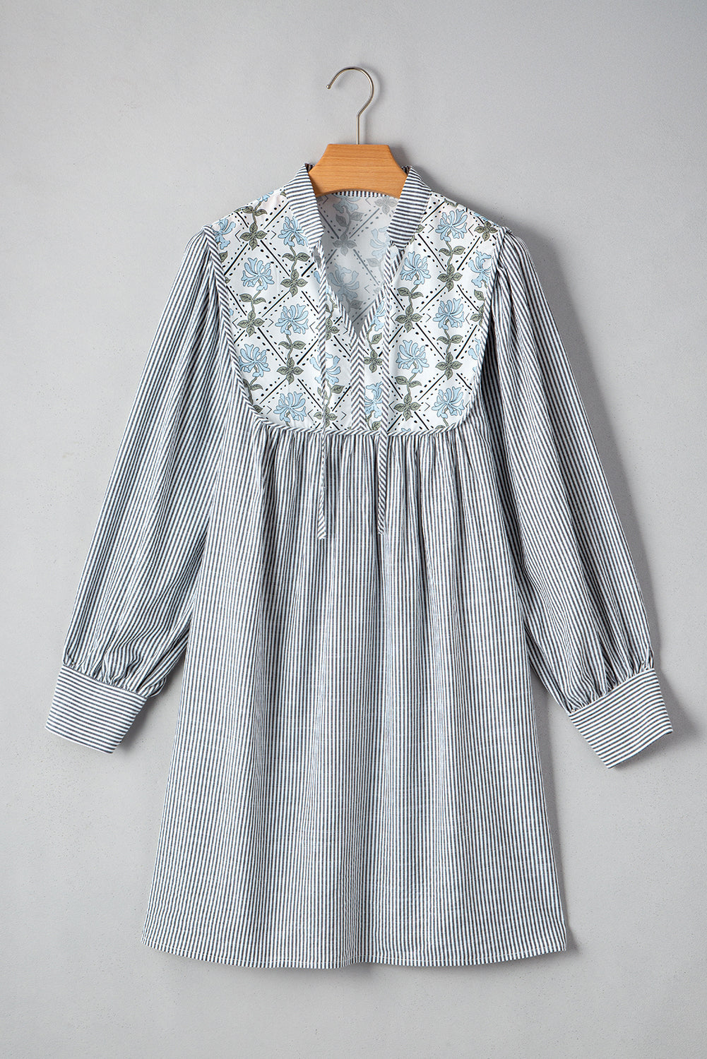 Black Stripe Floral Patchwork Tied V Neck Shift Long Sleeve Mini Dress eAura