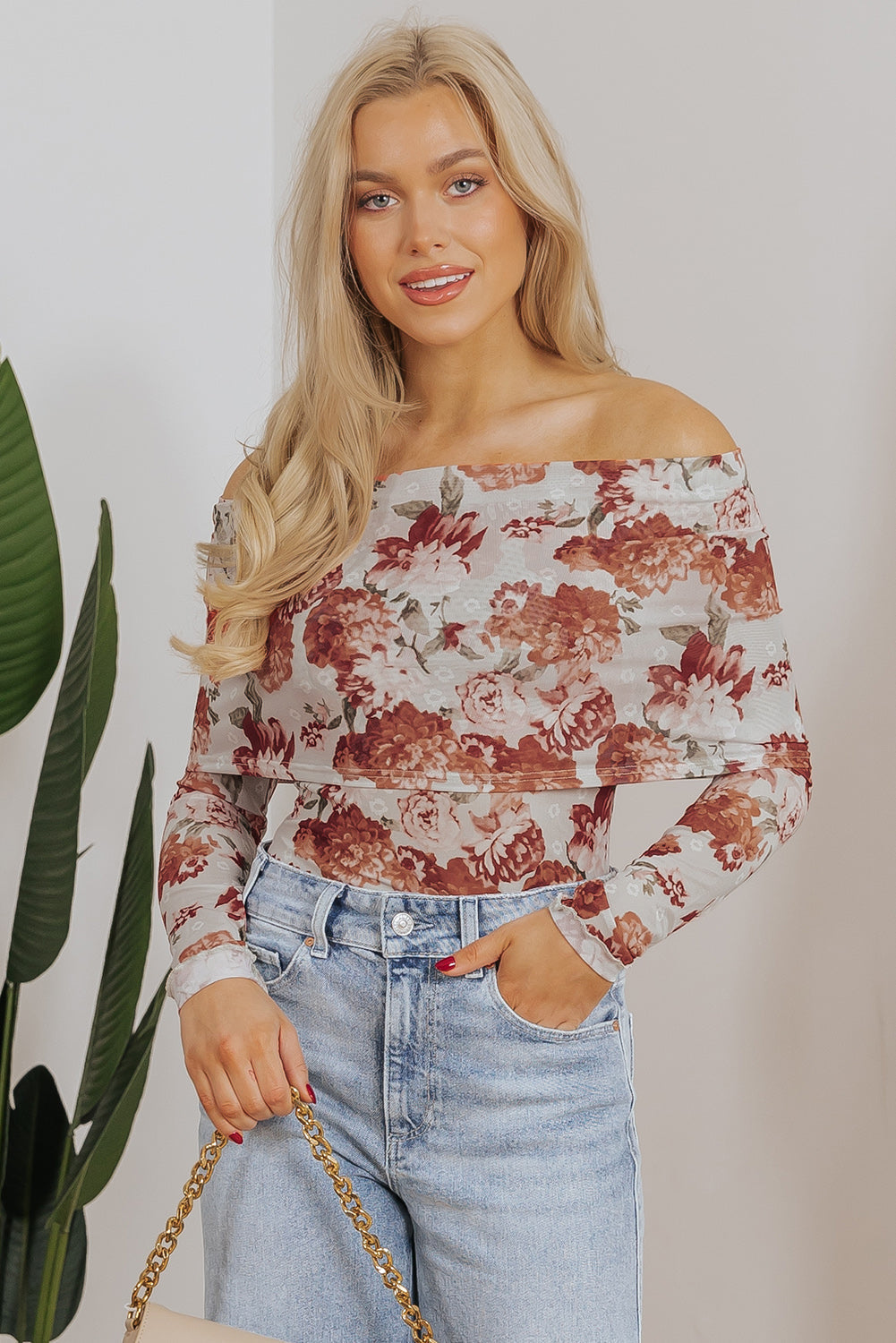 Pink Floral Printed Long Sleeve Sheath Bodysuit eAura
