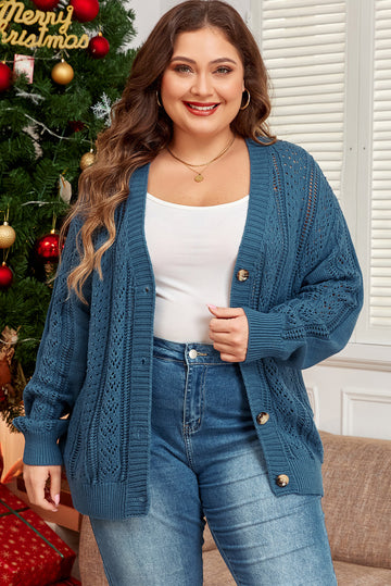 Real Teal Open Knit V Neck Button Front Drop Shoulder Plus Size Cardigan BB Fashion Outlet