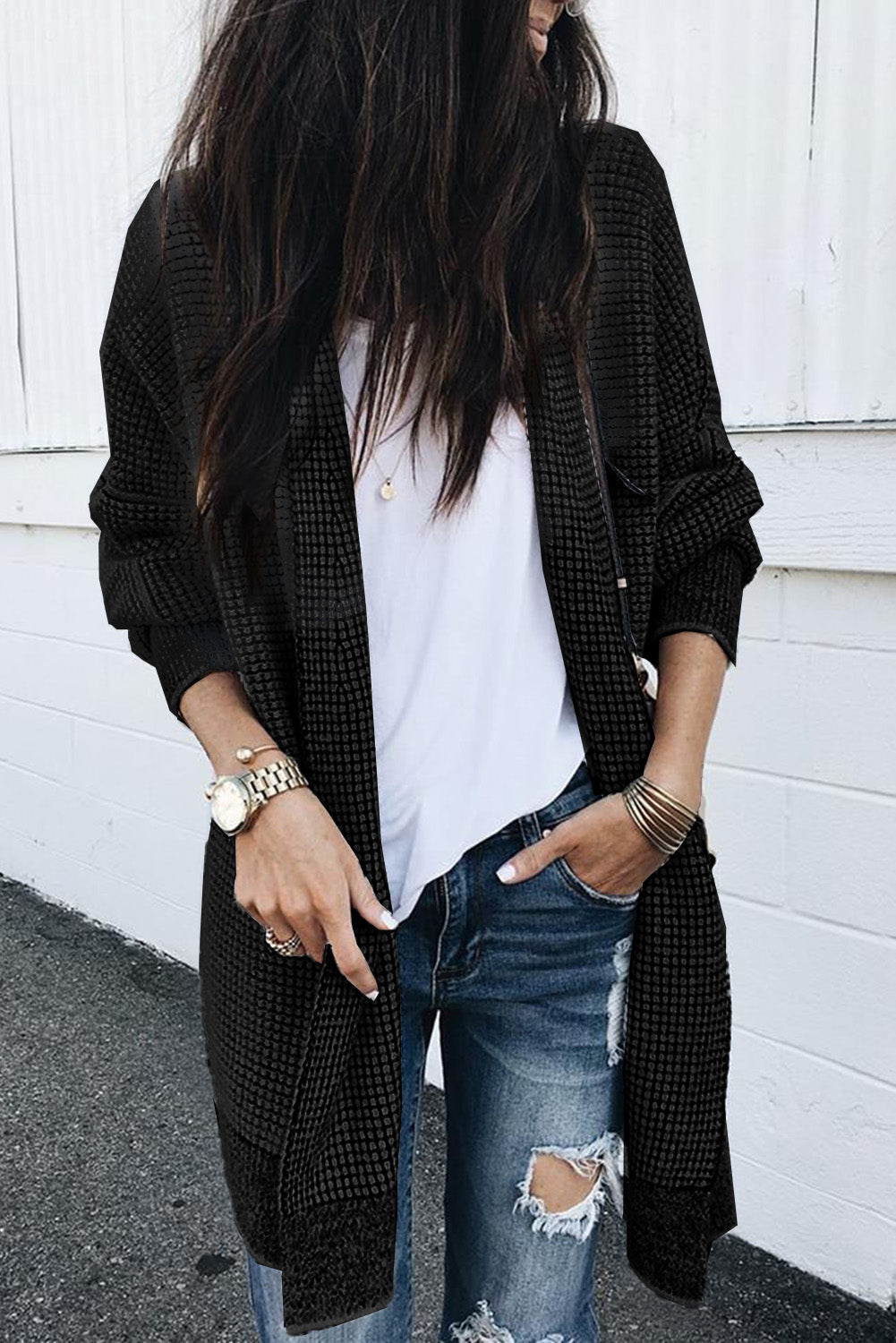 Apricot Plaid Knitted Long Open Front Cardigan eAura