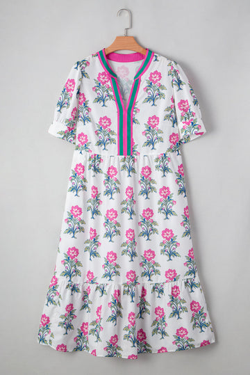 Print Contrast Split Neckline Short Puff Sleeve Curvy Dress BB Fashion Outlet