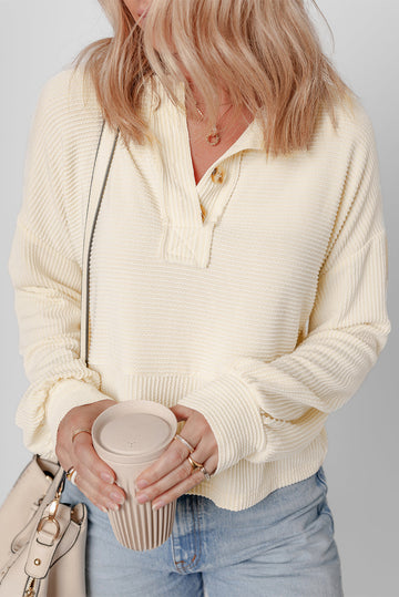 Apricot Ribbed Texture Lantern Sleeve Buttons Henley Sweatshirt eAura