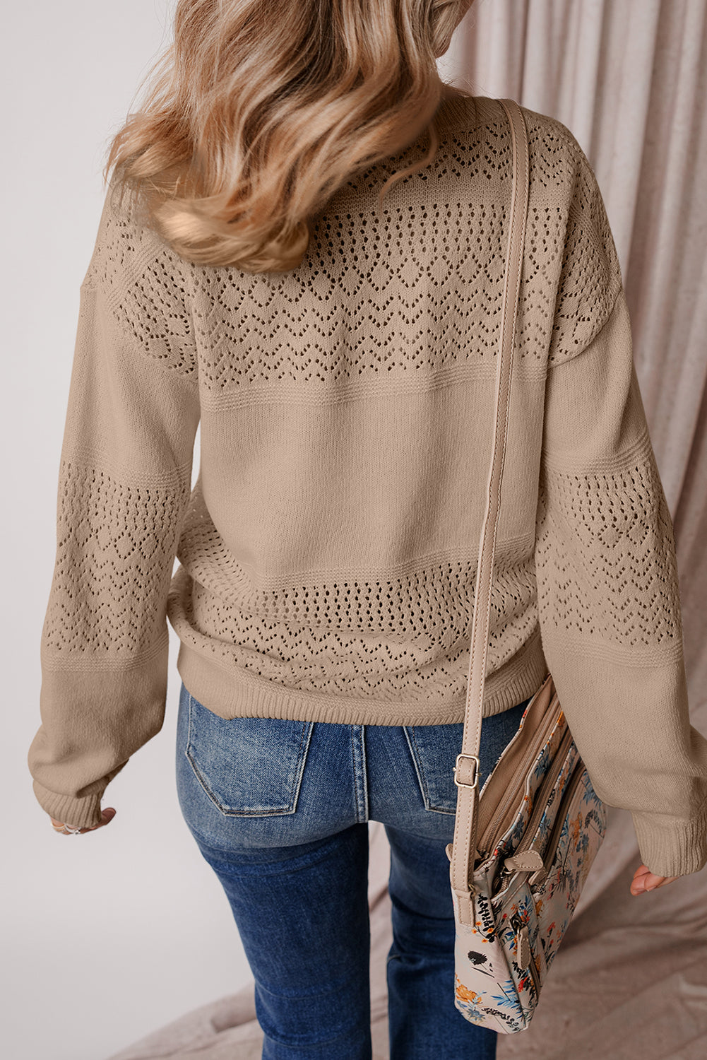 Black Eyelet Pattern Detail V Neck Drop Shoulder Sweater eAura