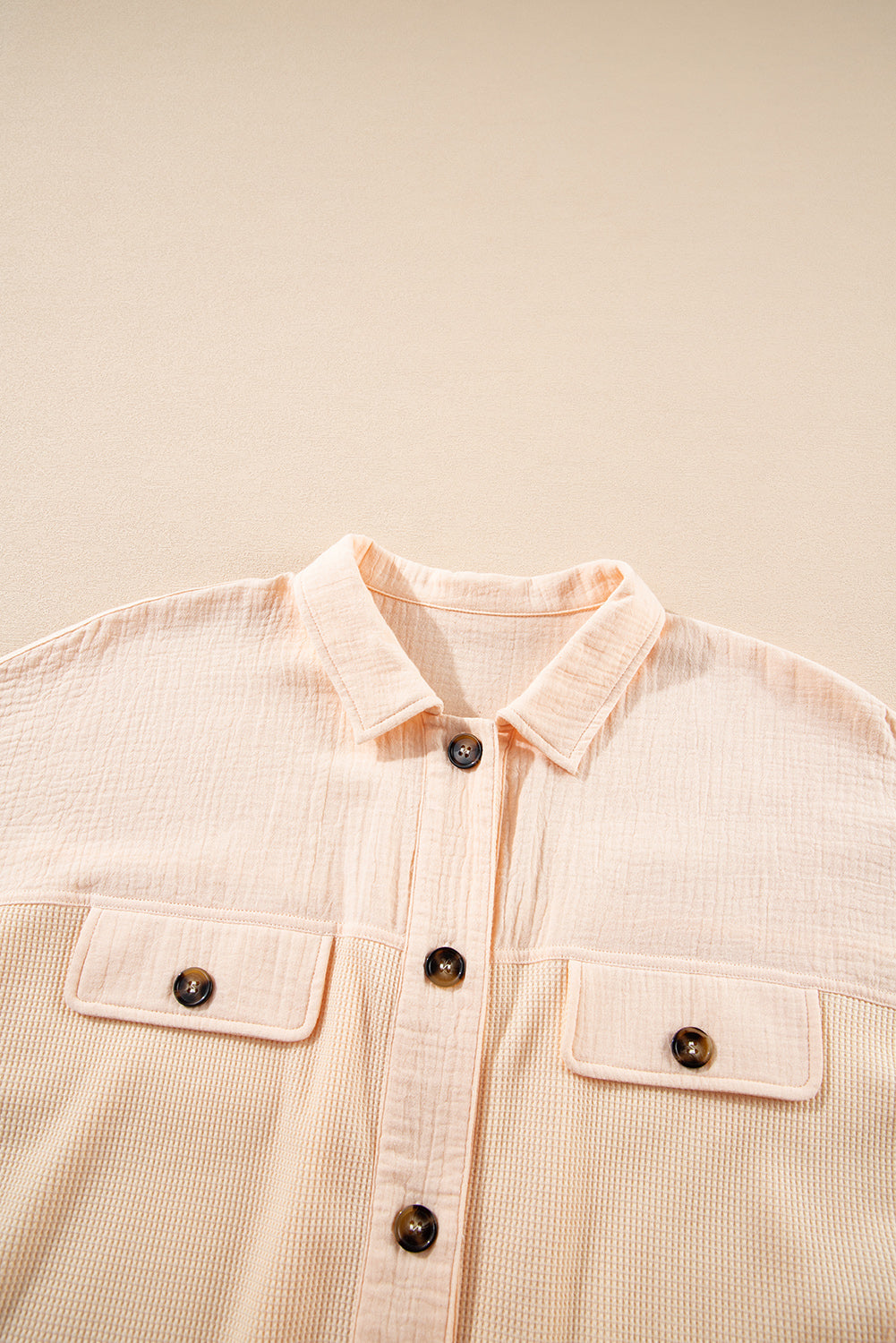 Beige Waffle Short Batwing Sleeve Flap Detail Wide Shirt eAura