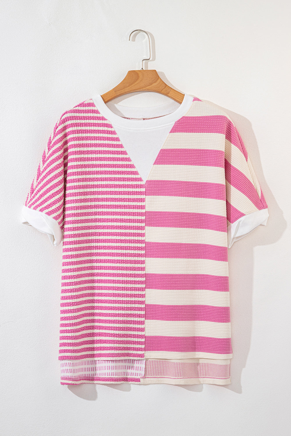Pink Stripe Patchwork Textured Short Sleeve High Low Loose Top eAura