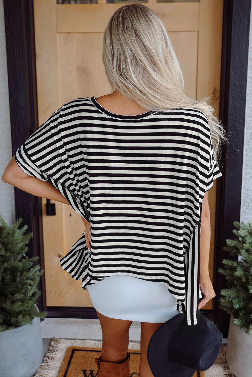 Black Stripe Batwing Sleeve Crewneck Oversized Top eAura