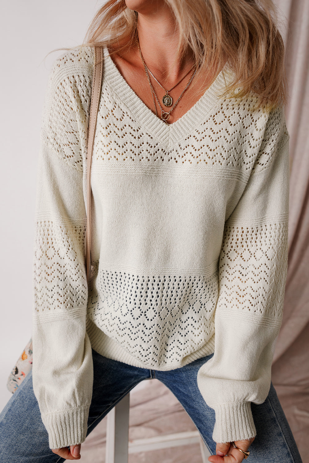 Black Eyelet Pattern Detail V Neck Drop Shoulder Sweater eAura