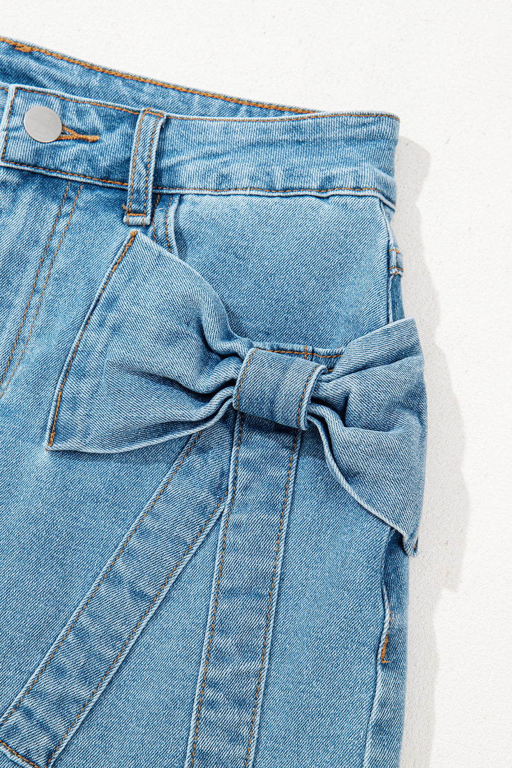 Dusk Blue Acid Wash Bowknot Details High Waist Denim Skirt eAura