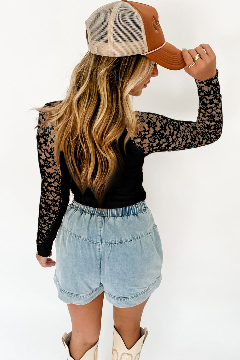 Black Floral Lace Patchwork Long Sleeve High Neck Slim Top eAura
