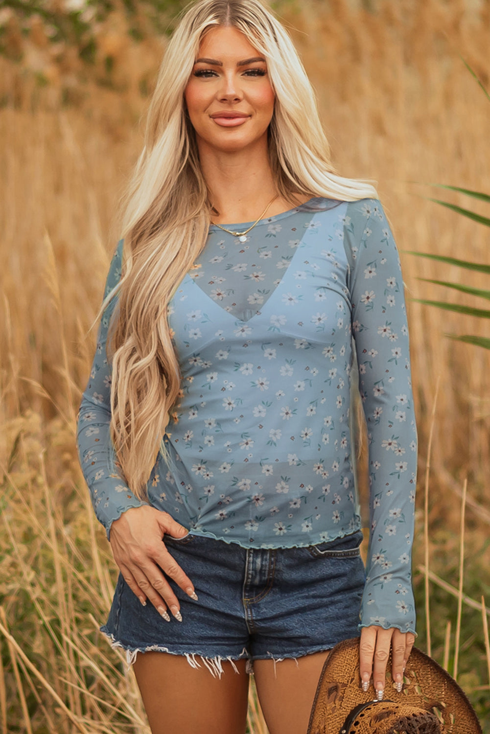 Floral Print Southern Style Mesh Long Sleeve Top eAura