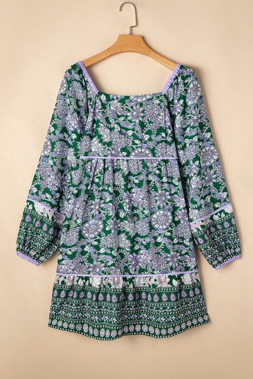 Green Floral Print Piping Trim Bubble Sleeve Square Neck Dress BB Fashion Outlet