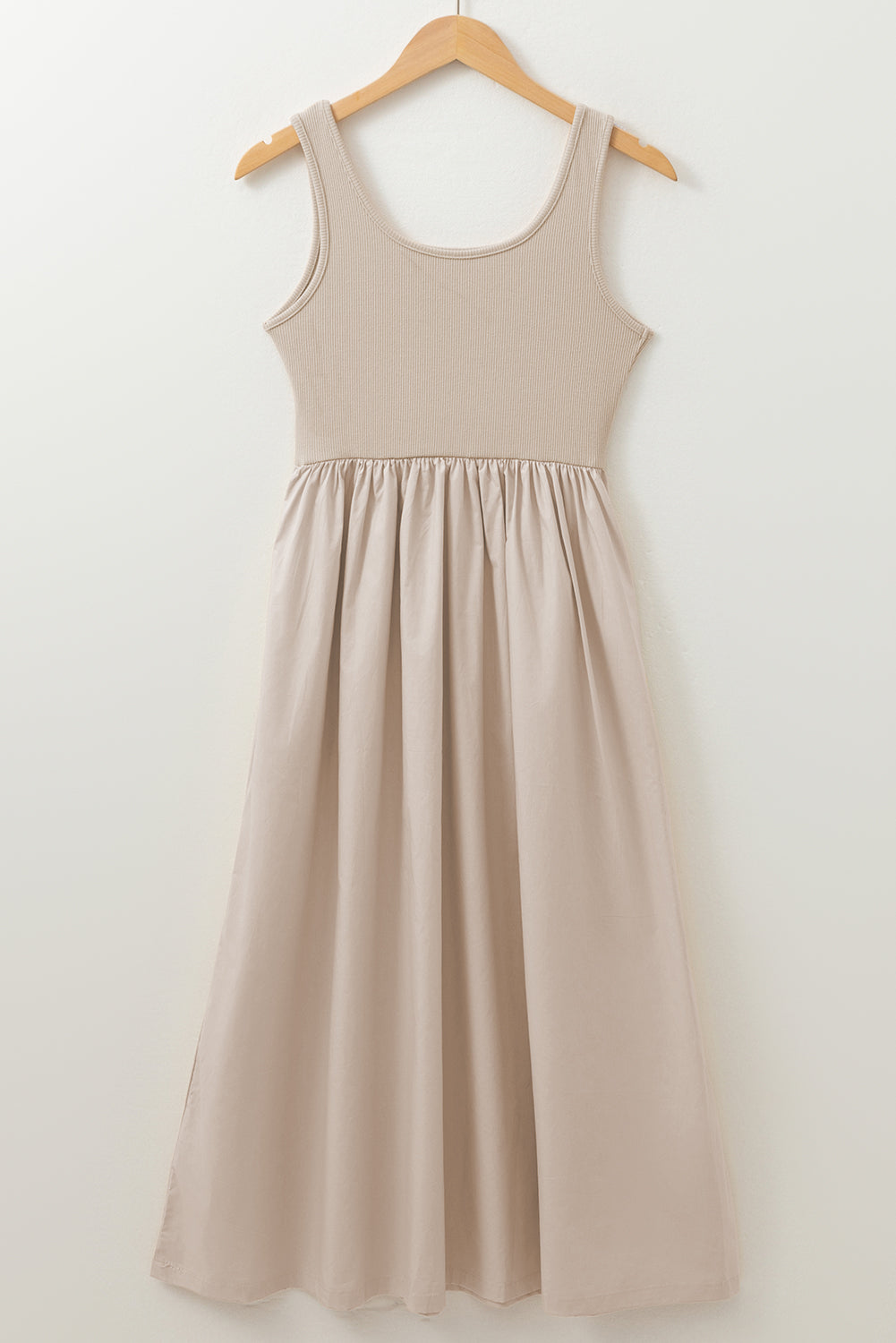 Beige Scoop Neck Ribbed Bodice Pleated Sleeveless Long Dress eAura