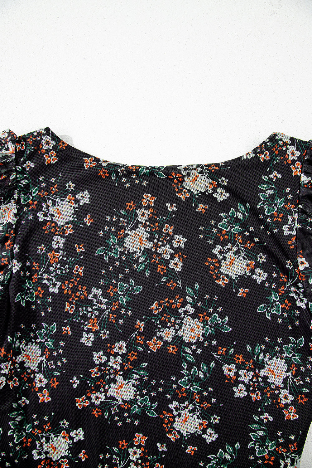 Black Floral Print U Neck Short Puff Sleeve Bodysuit eAura
