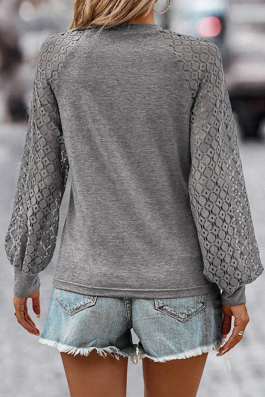 Grey Contrast Lace Raglan Sleeve Plicated Knit Top eAura