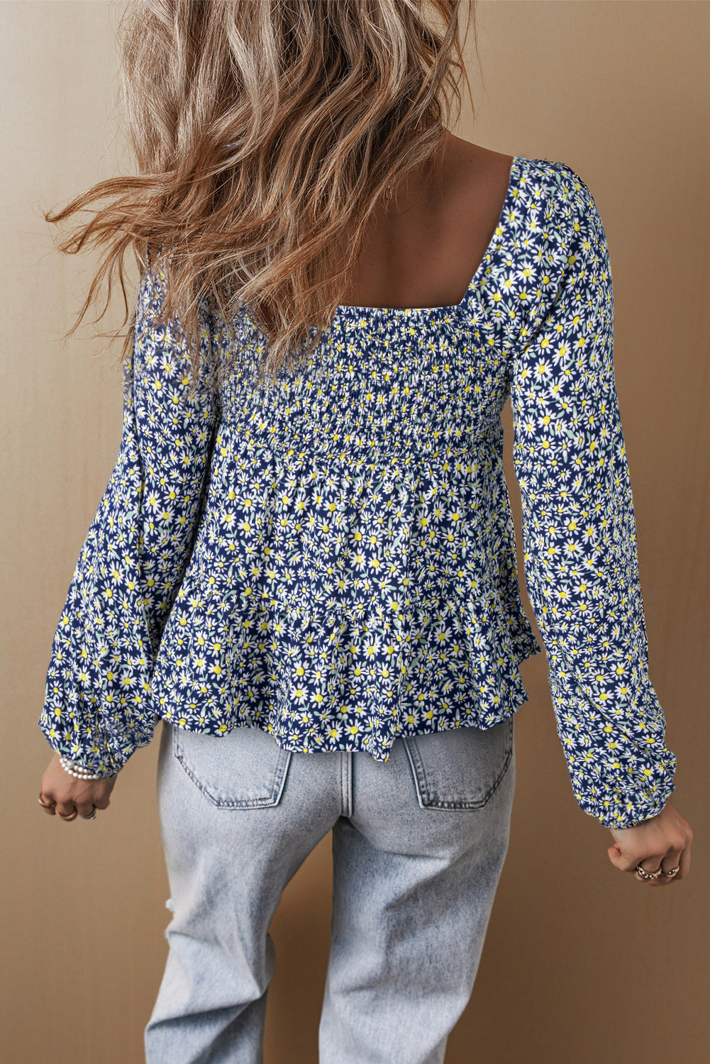 Blue Boho Floral Print Smocked Square Neck Loose Fit Blouse eAura