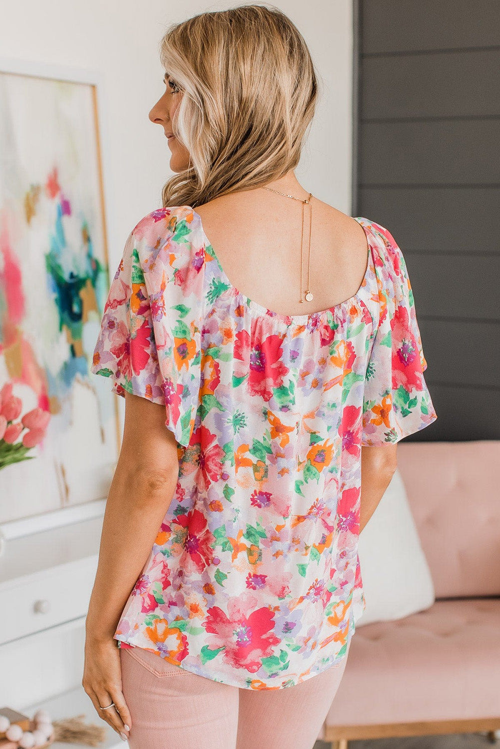 MultiColour WaterColour Floral Square Neck Ruffle Sleeve Blouse eAura