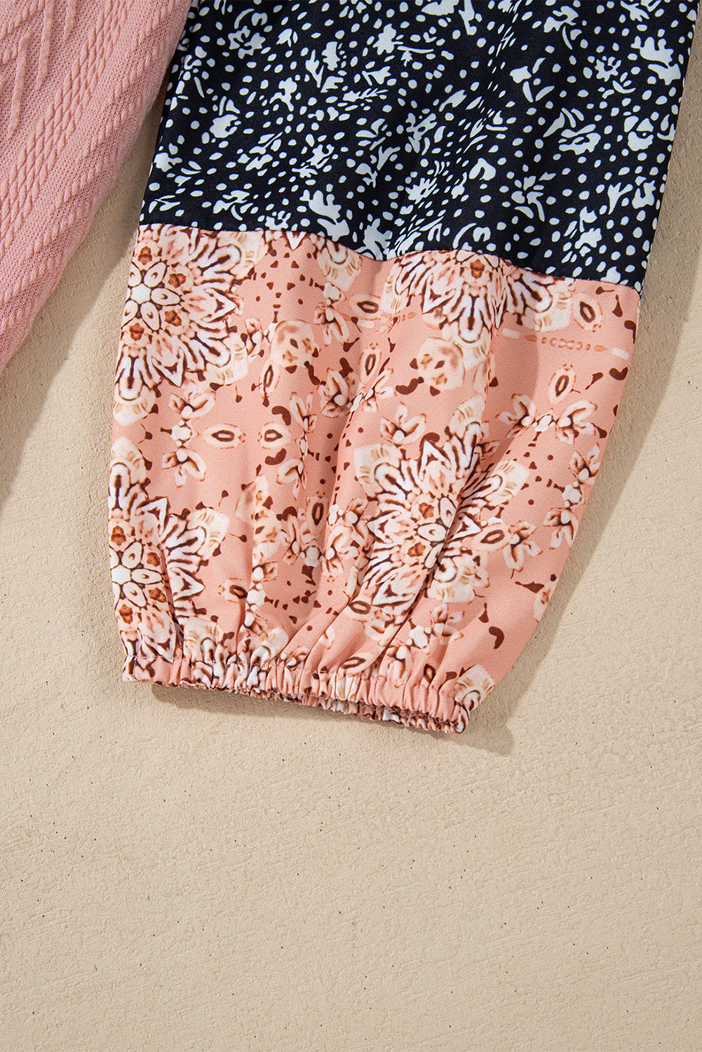 Dusty Pink Floral Patchwork Textured Knit Drawstring V Neck Blouse eAura