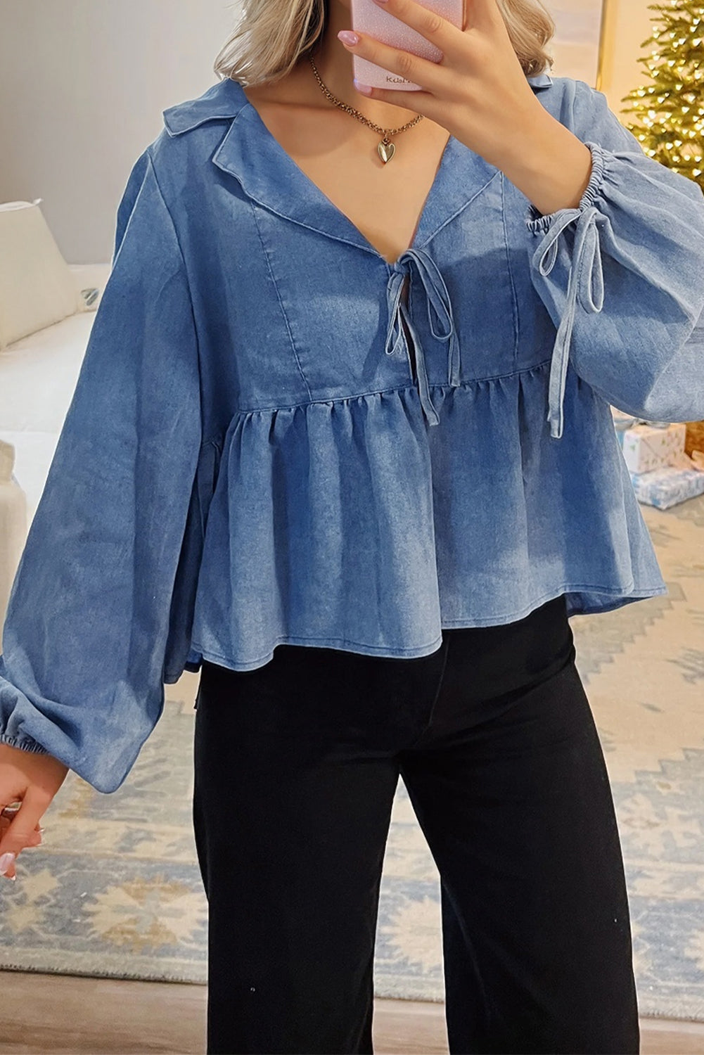 Dusk Blue Denim Lapel Neck Balloon Sleeve Tied Peplum Top eAura