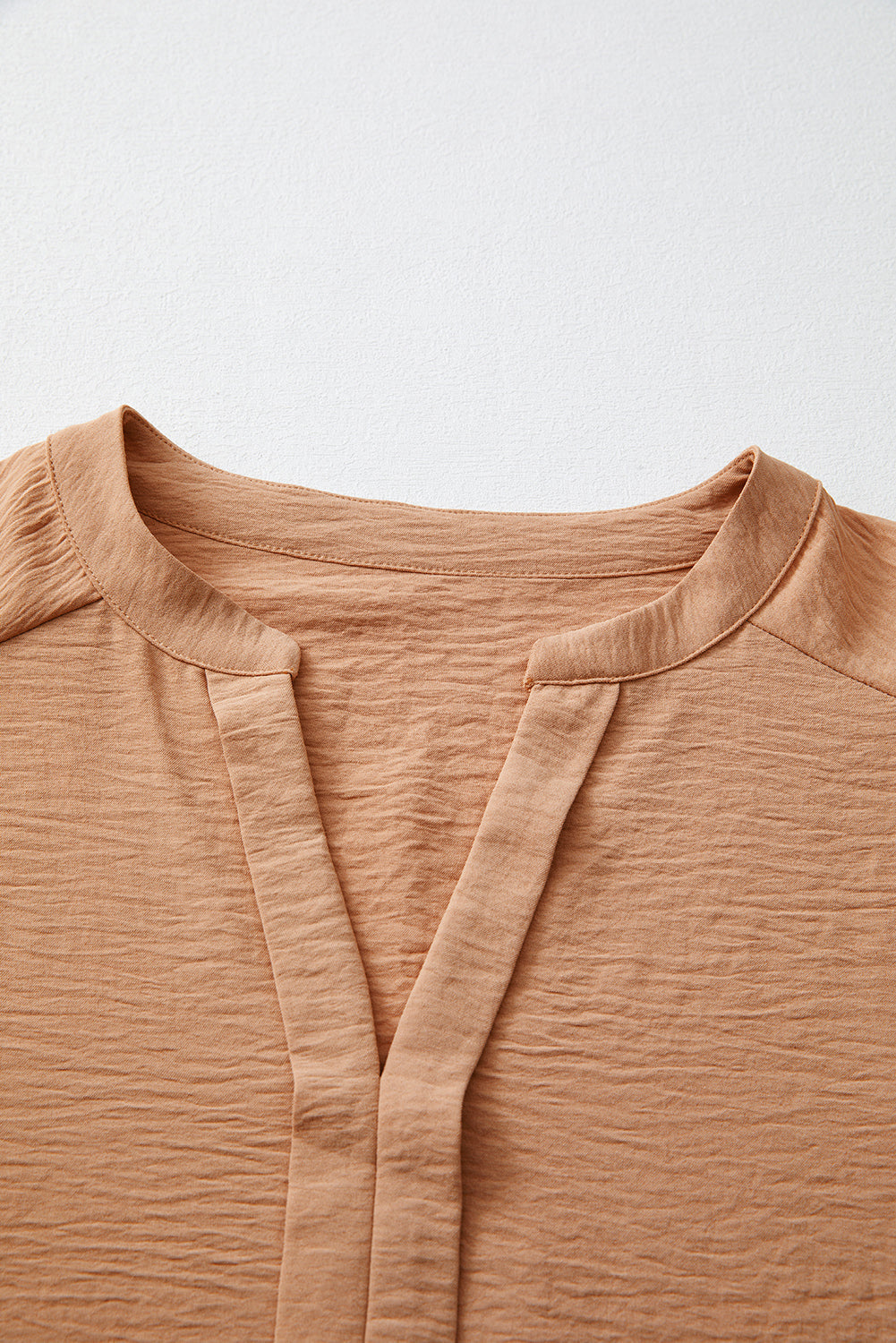 Straw Yellow Solid Colour Shirred Cuff Notch V Neck Blouse eAura